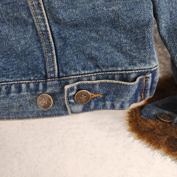 Jean Jacket With Faux Fur Brown Blue Large Vintage - Picture 9 of 9